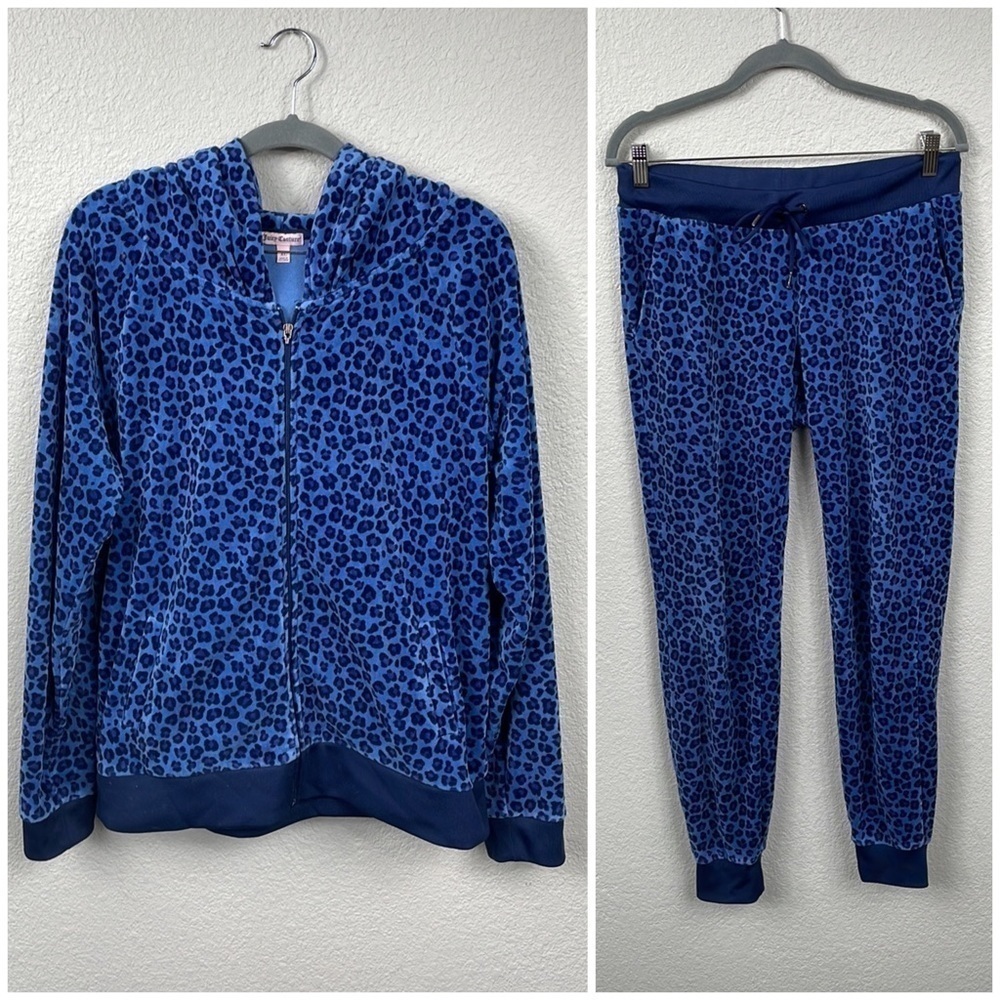 Vintage Juicy Couture Blue Leopard Tracksuit Hoodie and Lounge Pants Y2K Sz XL M